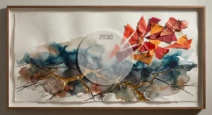 A conceptual abstract collage with charcoal fissures, indigo ink washes, and the year 2030, representing rising natural disaster risks.