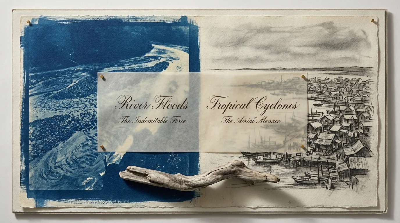 A conceptual collage juxtaposing a cyanotype of rushing water with a charcoal sketch of a coastal town.
