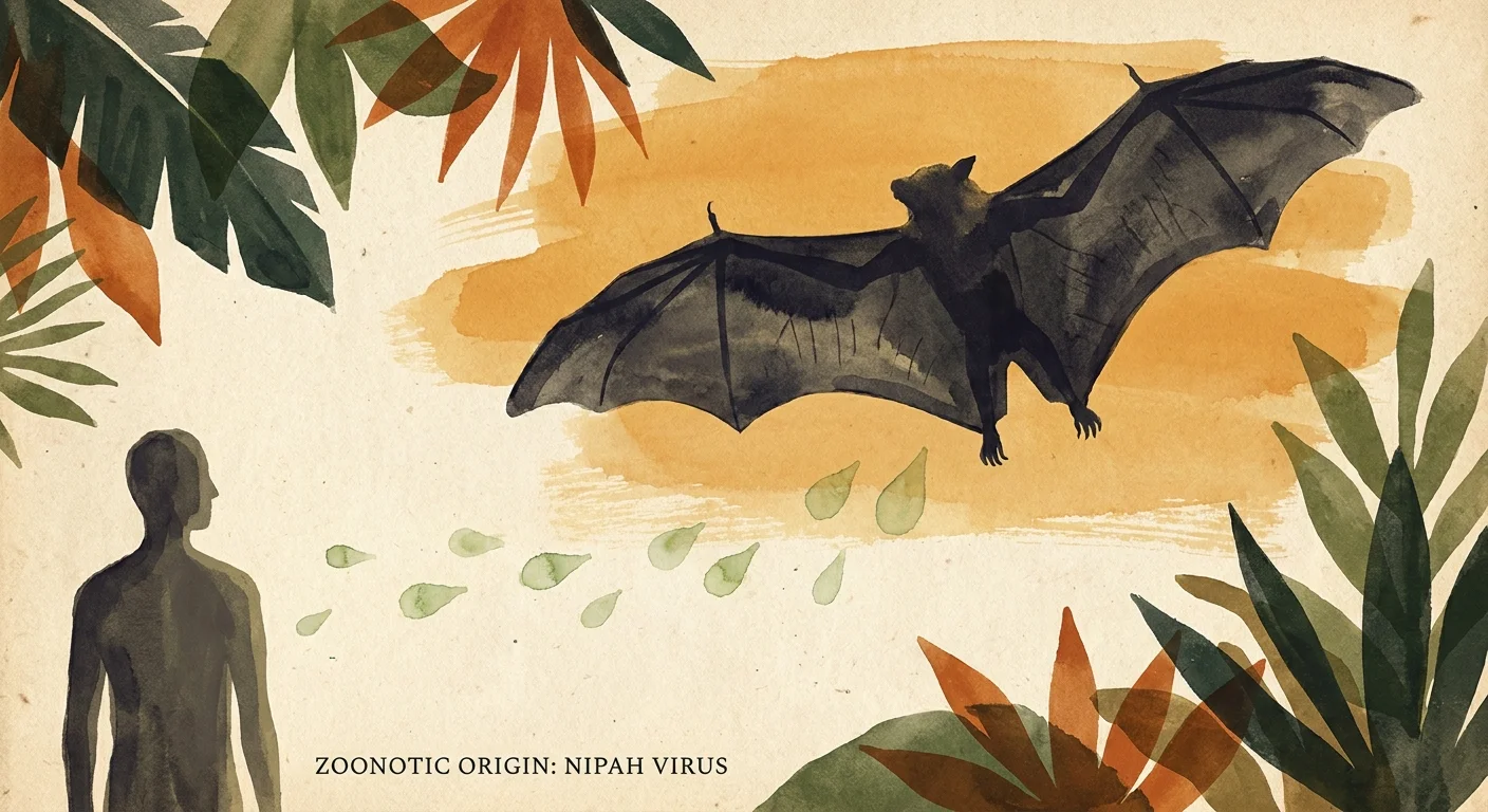 A conceptual illustration showing a fruit bat silhouette and the transmission of the Nipah virus to a human silhouette.