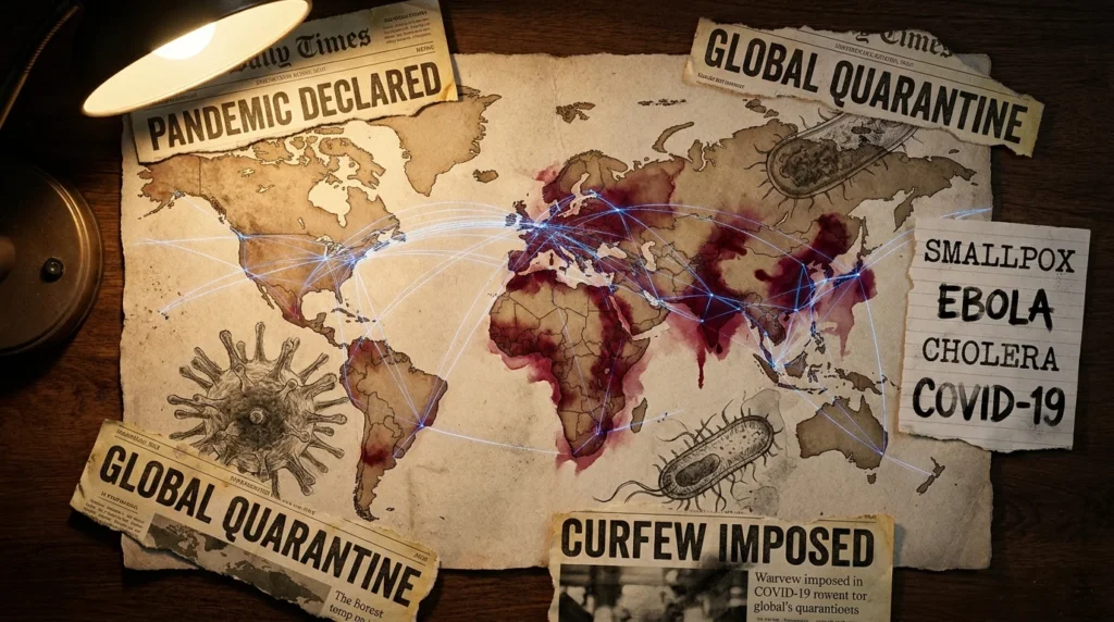 A conceptual mixed media collage of a world map, historical medical sketches, and travel lines, representing the spread of global diseases.
