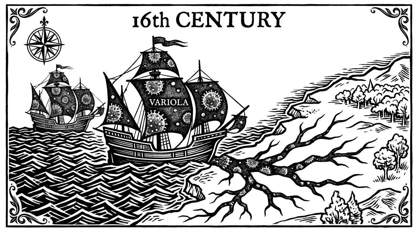 A conceptual woodcut of colonial ships with sails textured like smallpox viruses arriving at an American coastline.