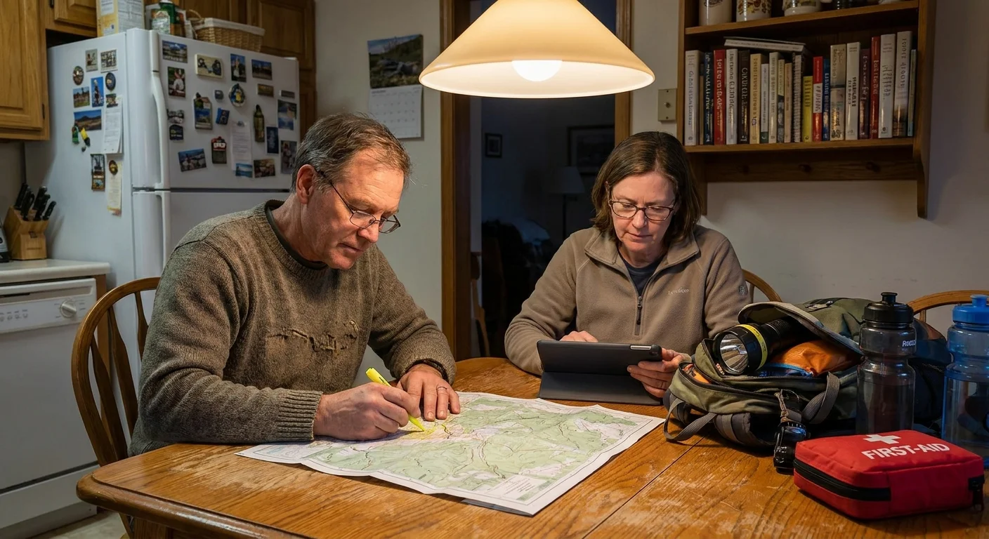 A couple at their kitchen table highlighting an evacuation map and packing an emergency kit in a realistic home setting.
