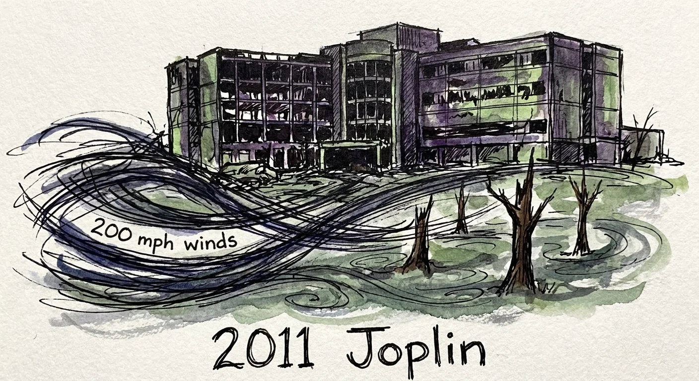 A dark watercolor illustration of the ruined Joplin hospital and stripped trees after the 2011 tornado.
