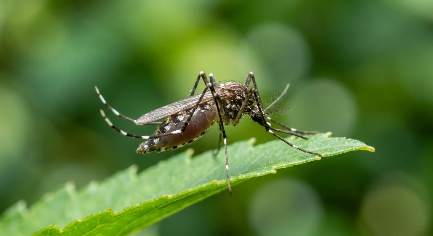 A detailed macro photo of an Aedes aegypti mosquito, showing its black and white stripes on a green leaf.