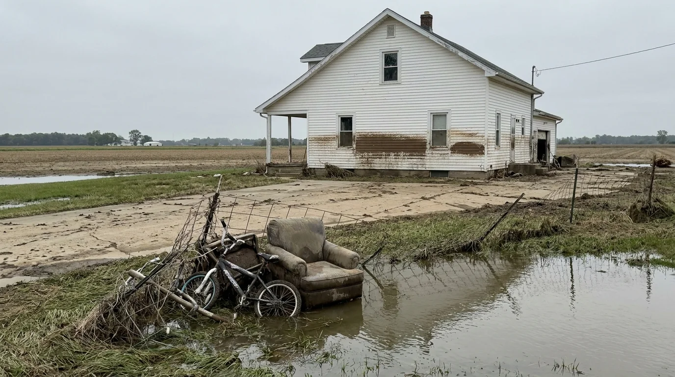 A documentary photo of a flooded farmhouse with a visible mud line on the walls and debris scattered in the foreground.