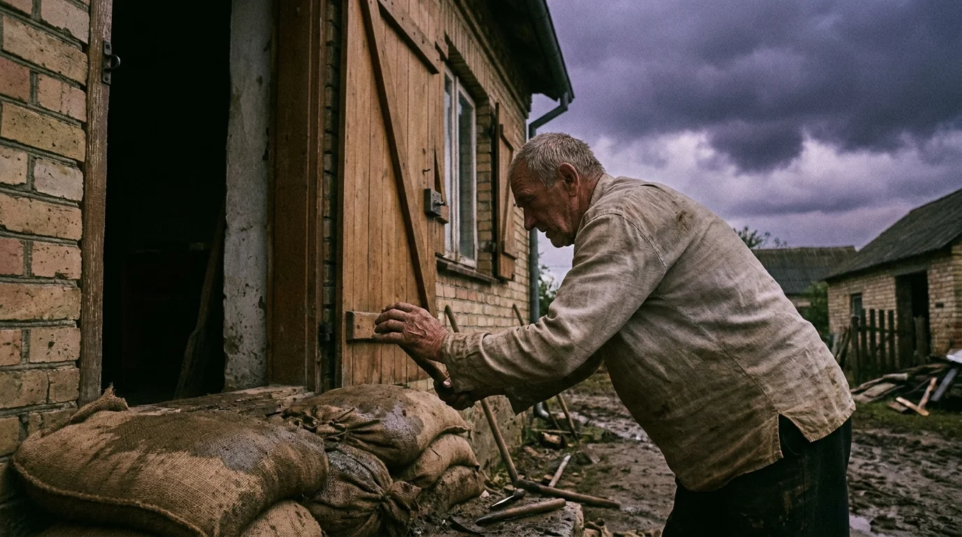 A documentary photo of a man securing a wooden shutter on a brick house under a dark, stormy sky.