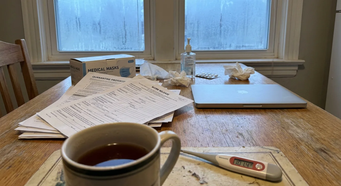 A domestic scene of a kitchen table with a thermometer, masks, and paperwork, representing the personal impact of a health crisis.