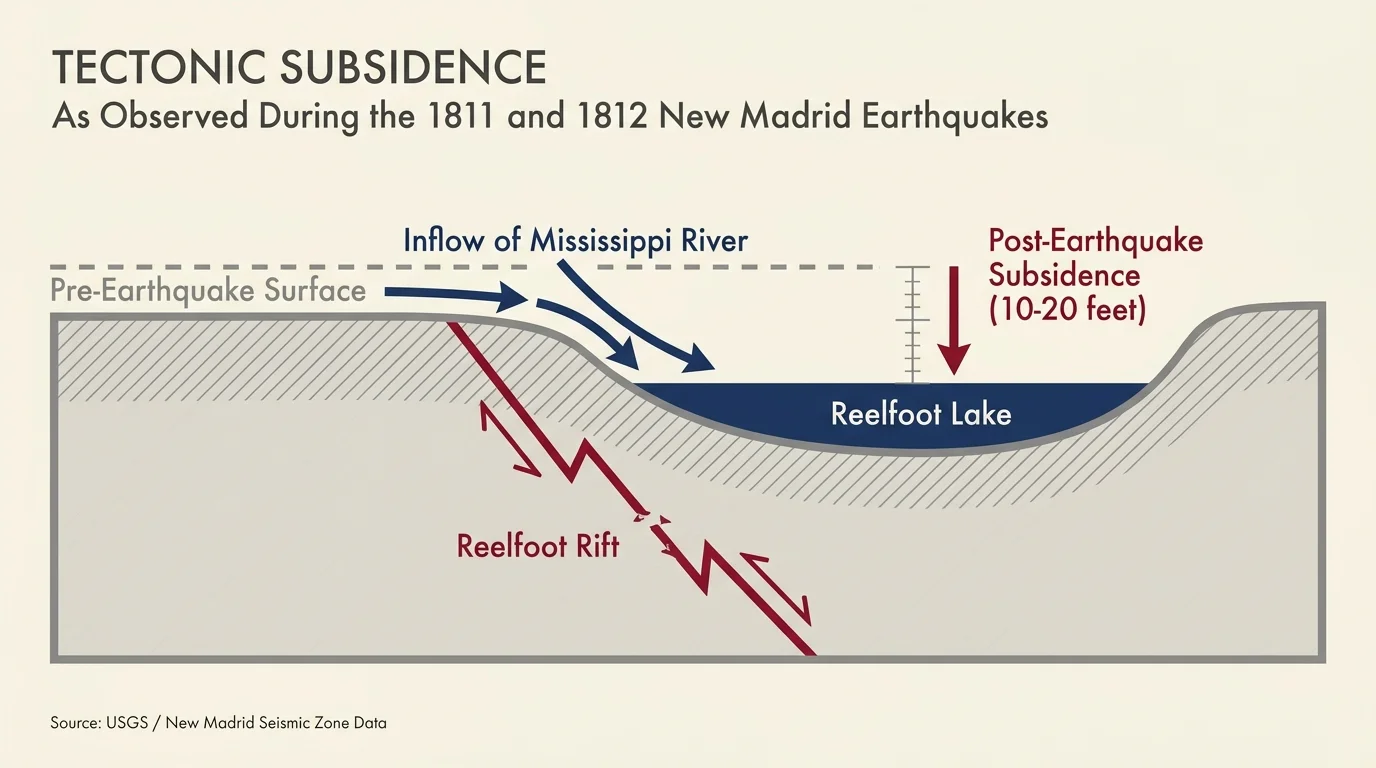 A geological cross-section diagram showing how ground subsidence of 10 to 20 feet created Reelfoot Lake in Tennessee.