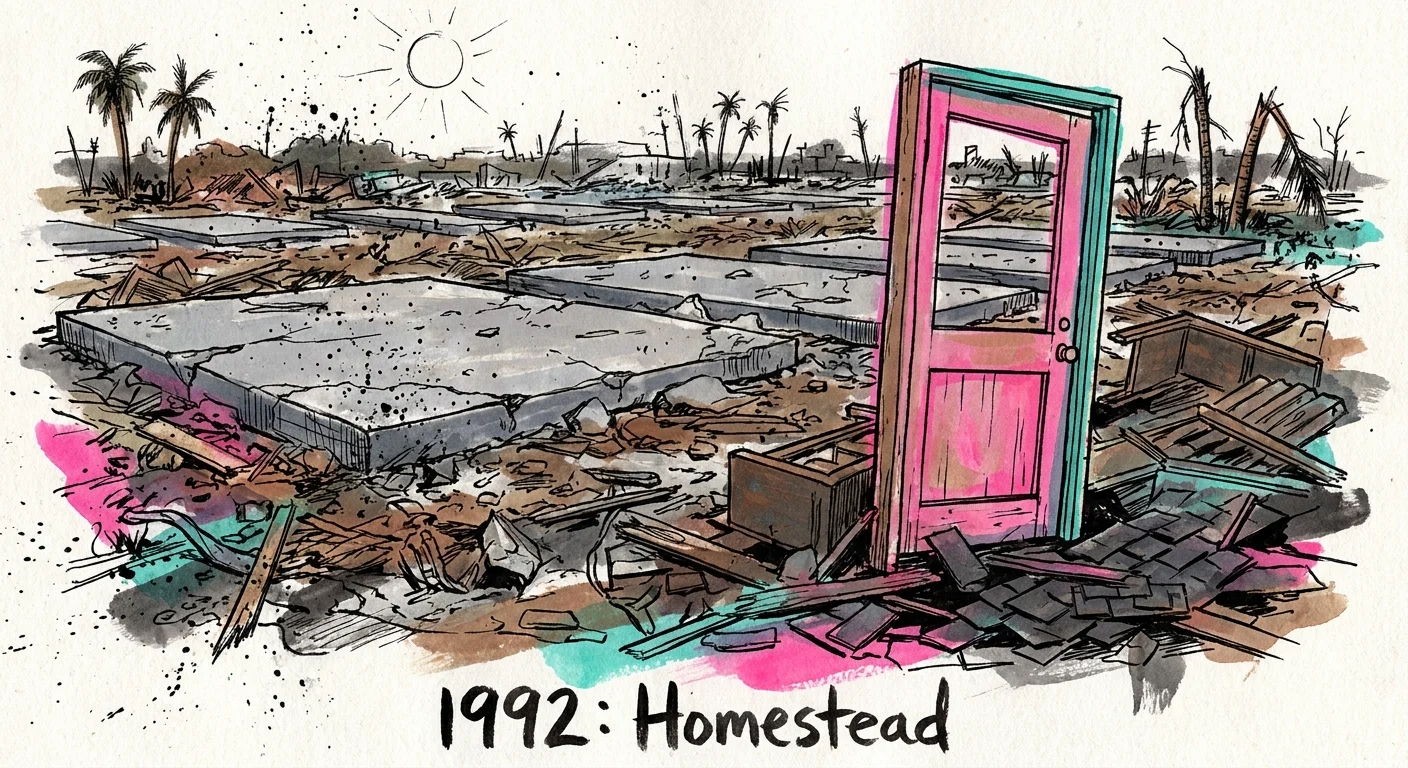 A gouache illustration of a flattened Florida neighborhood with a single pink door standing amid the rubble.