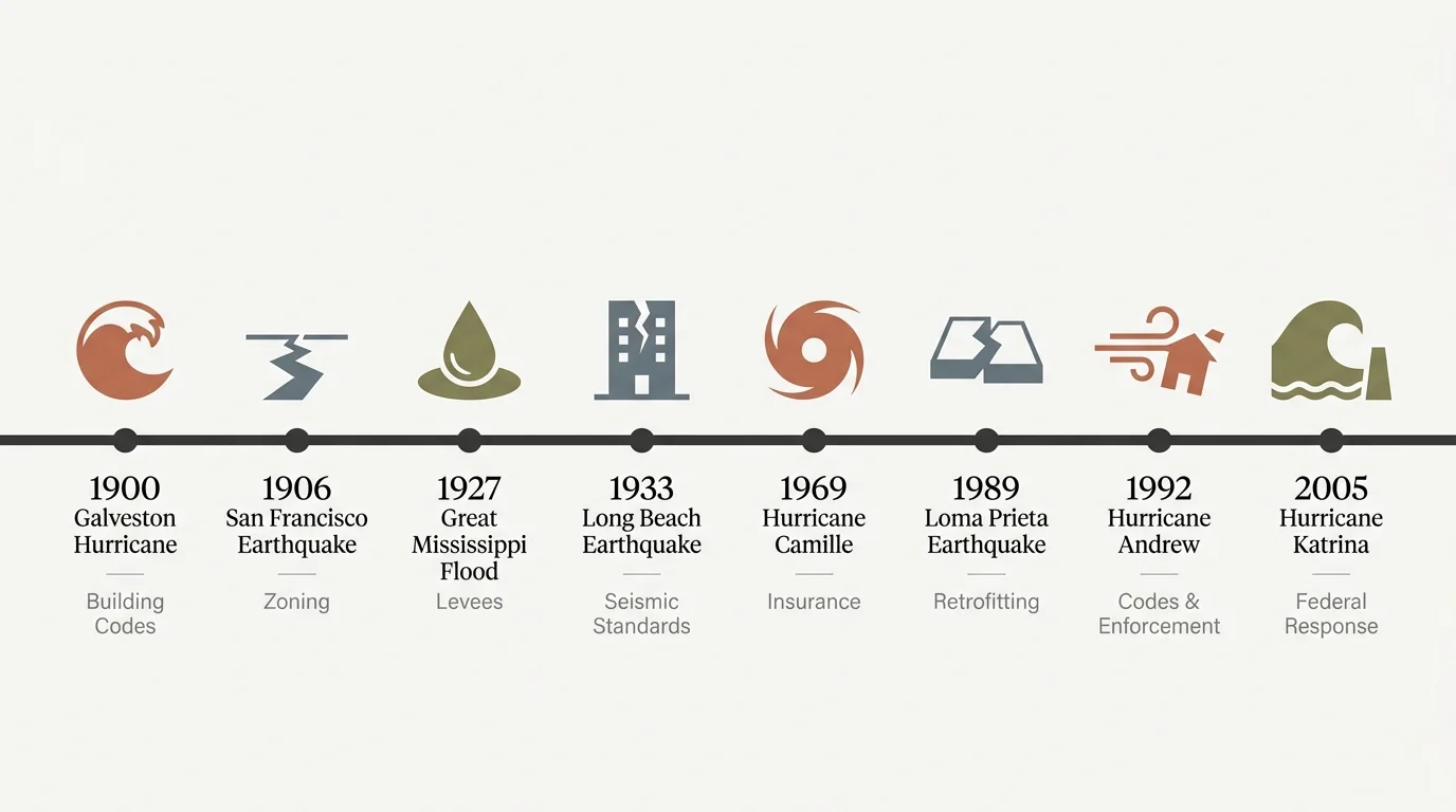 A horizontal timeline from 1900 to 2005 showing the eight major American natural disasters mentioned in the article.