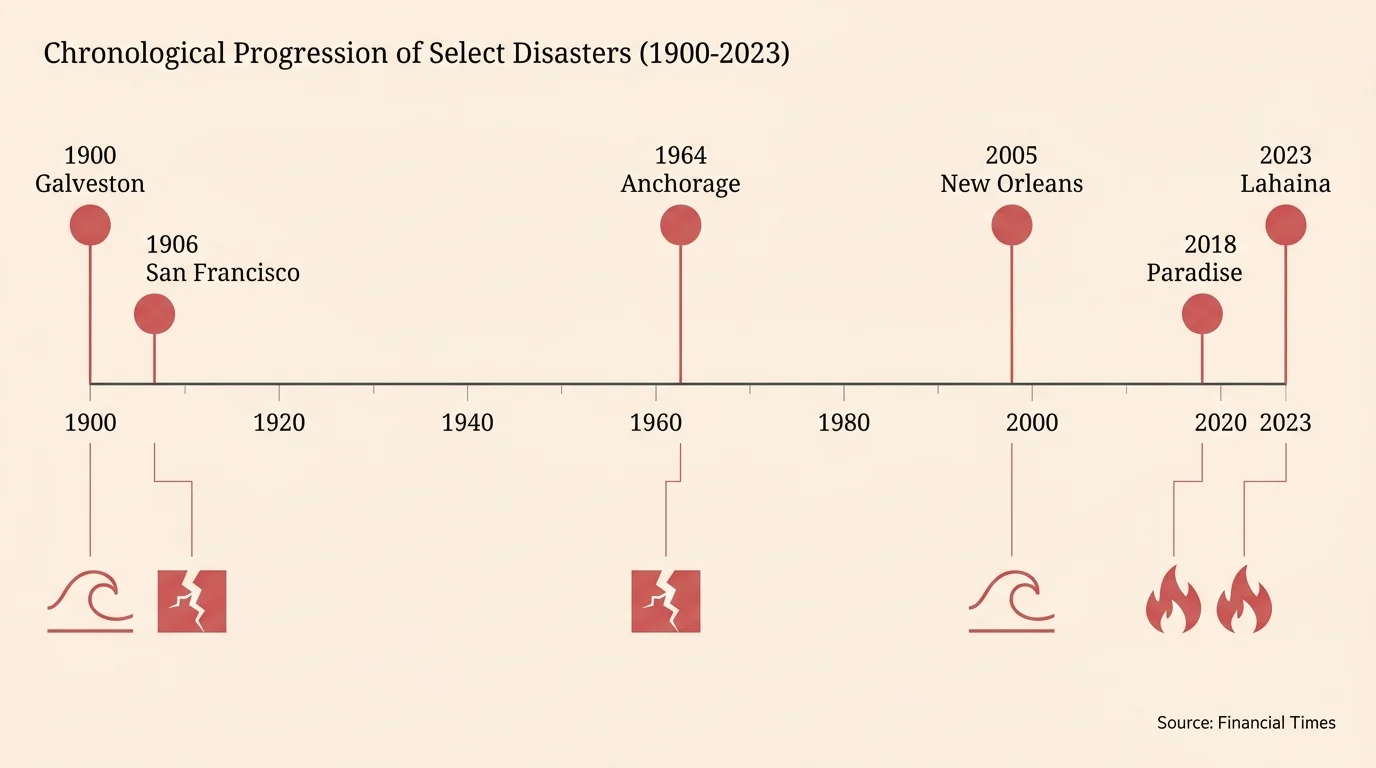 A horizontal timeline from 1900 to 2023 marking major U.S. natural disasters in cities like Galveston, San Francisco, and Lahaina.
