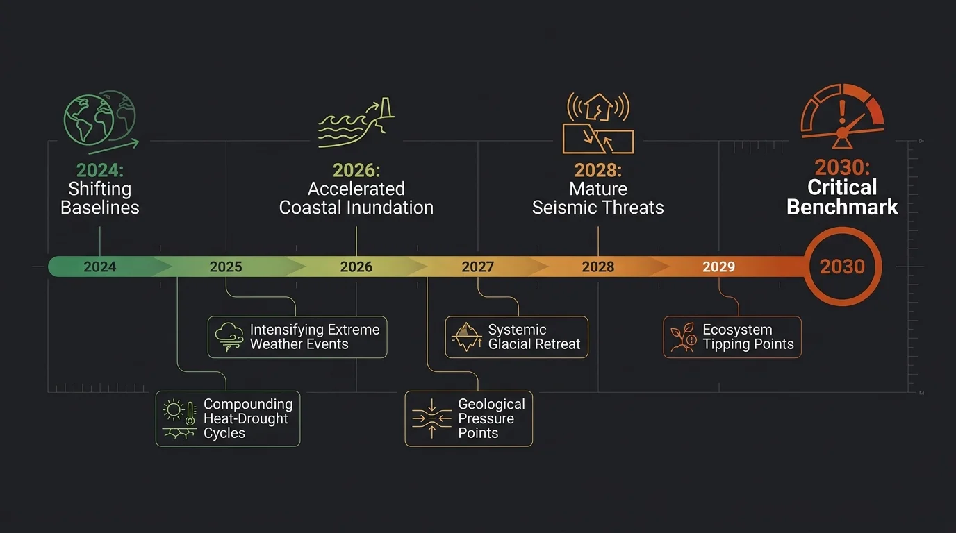 A horizontal timeline from 2024 to 2030 showing the progression of coastal inundation and seismic threats.