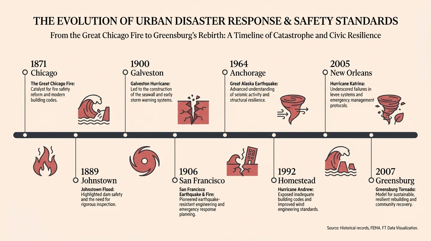 A horizontal timeline marking the disaster years and names of the eight American cities from 1871 to 2007.