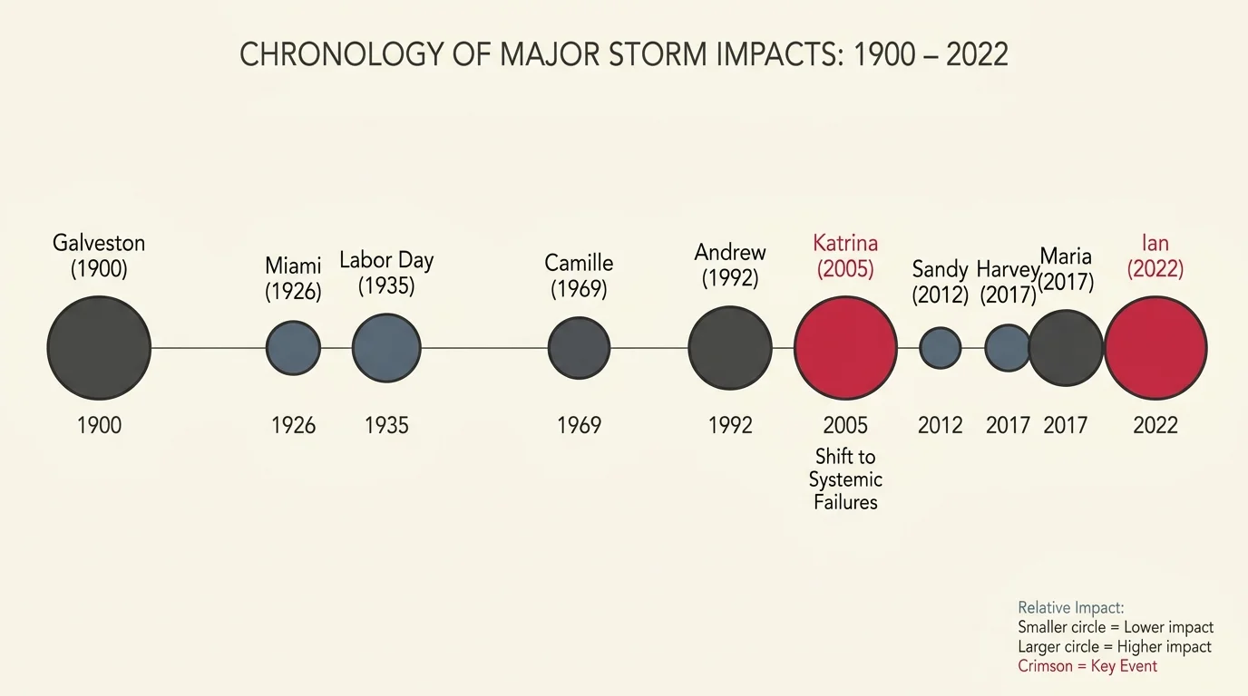 A horizontal timeline marking the ten pivotal hurricanes mentioned in the article, from 1900 to 2022.