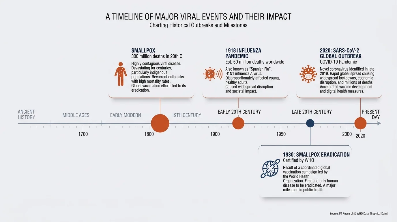 A horizontal timeline showing major viral milestones, including the 1918 flu, the eradication of smallpox in 1980, and the COVID-19 pandemic