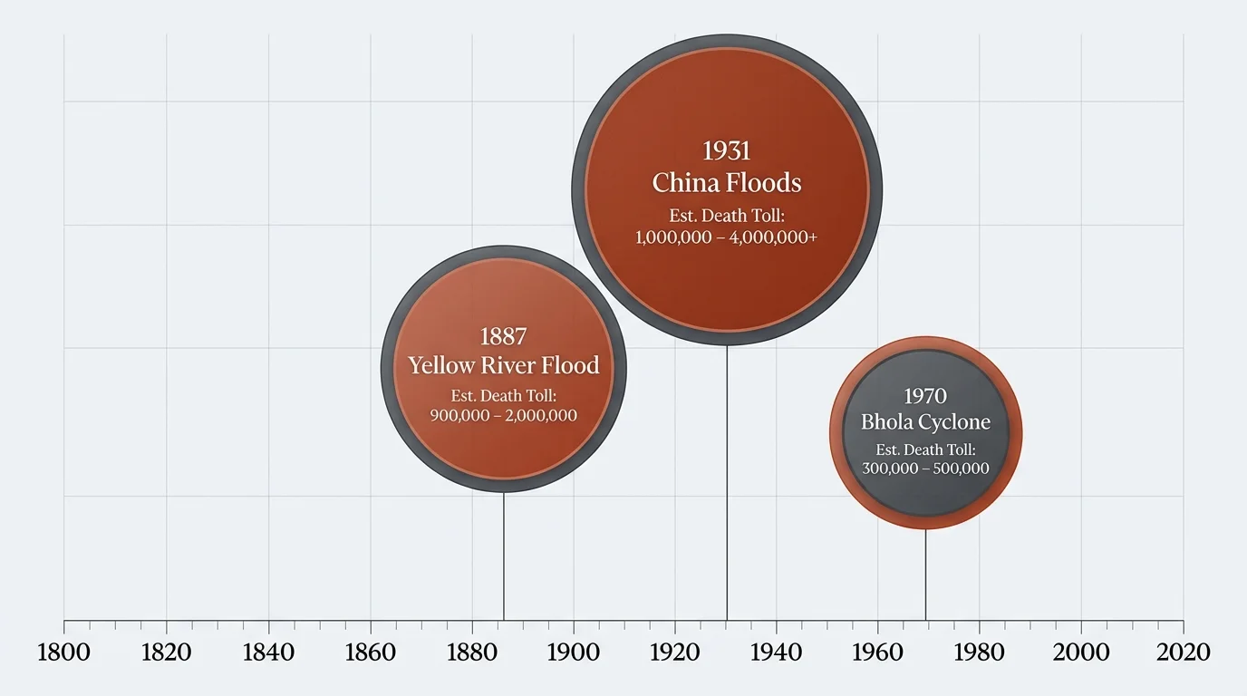 A horizontal timeline showing the deadliest weather disasters from the 19th century to the present, with circles scaled by death toll.