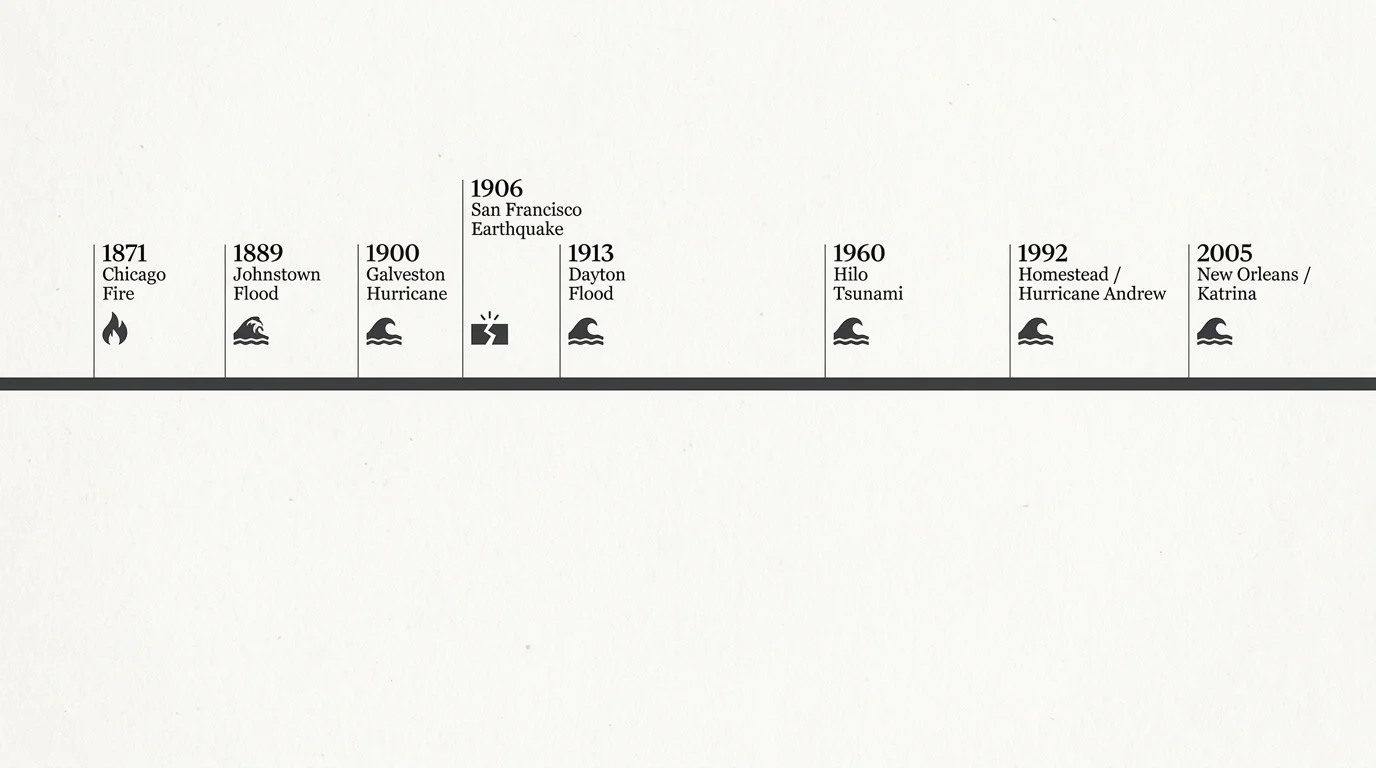 A horizontal timeline showing the years and disasters for eight American cities from 1871 to 2005.