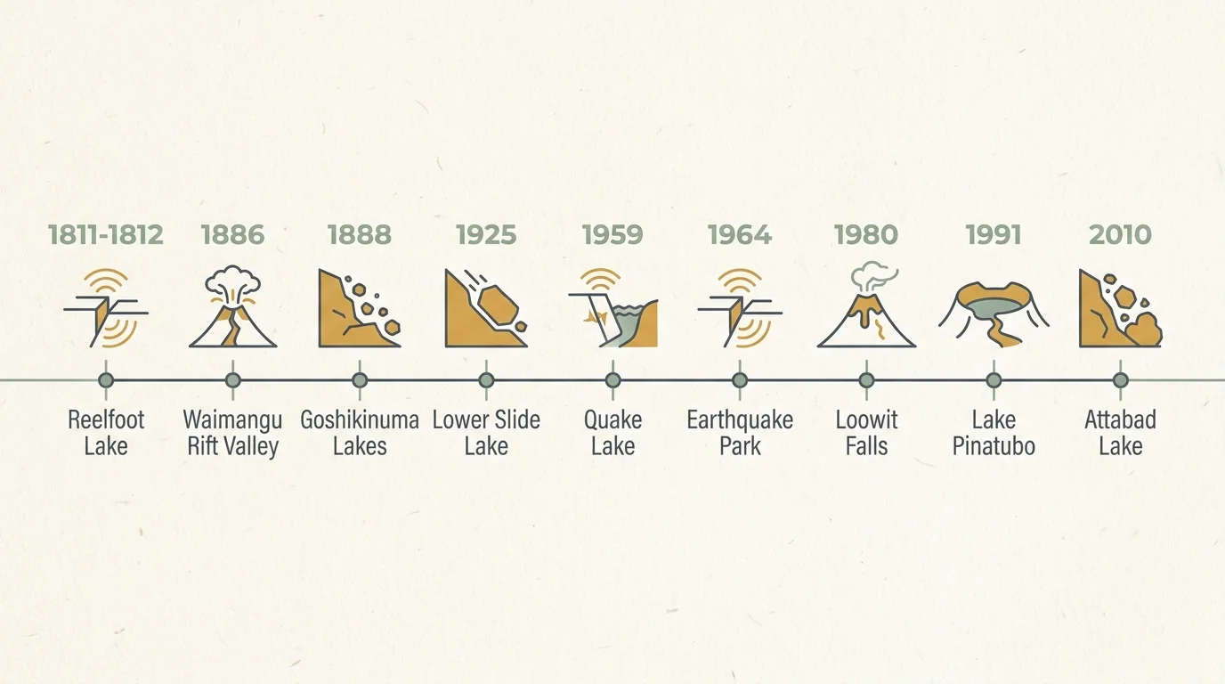 A horizontal timeline showing the years and names of nine landmarks created by natural disasters between 1811 and 2010.