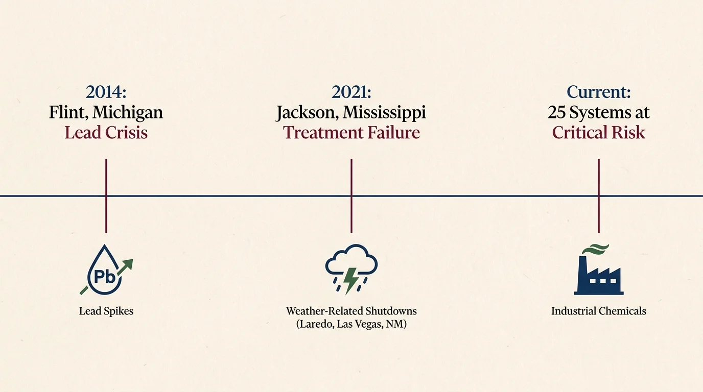A horizontal timeline showing water system failures from the 2014 Flint crisis to the current 2021 Jackson, Mississippi failure.
