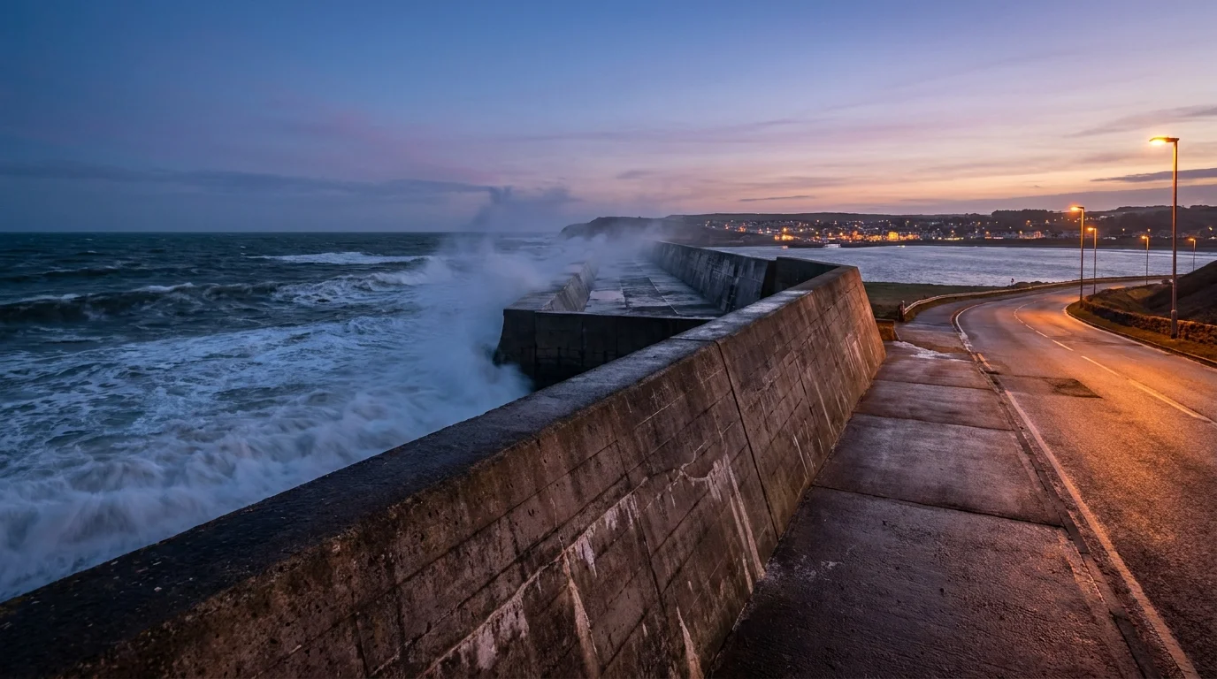 A large concrete sea wall protecting a coastal road from high waves at dusk, showing modern infrastructure resilience.