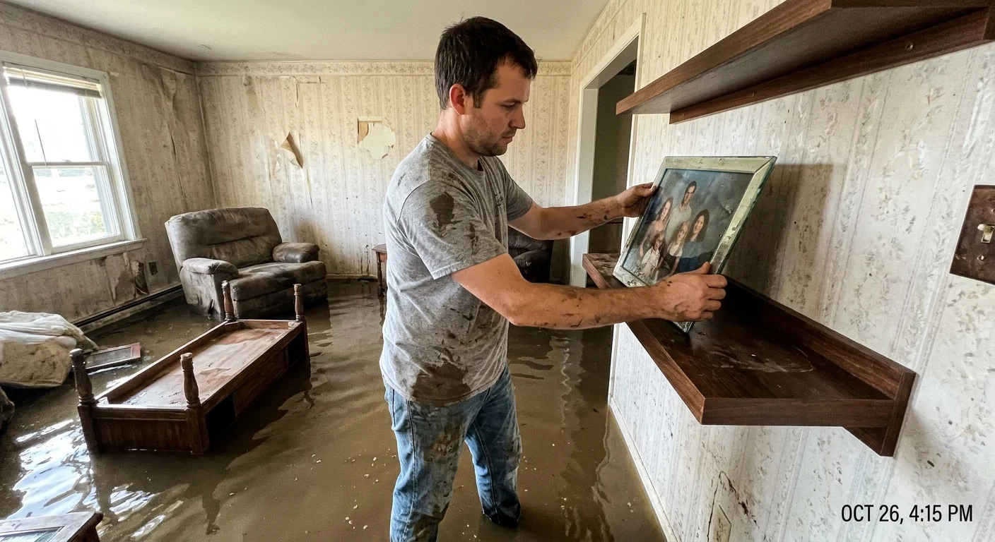 A man in a flooded living room salvaging a family photo, showing the personal toll of urban disasters.