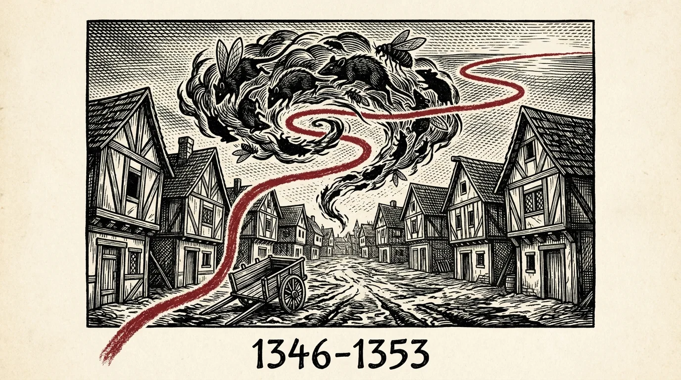 A medieval woodcut showing an abandoned village street under a dark cloud of fleas and rats.