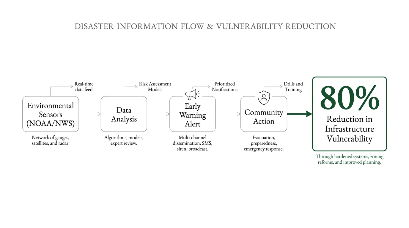 A minimalist flowchart showing how early warning systems lead to community action and an 80 percent reduction in vulnerability.