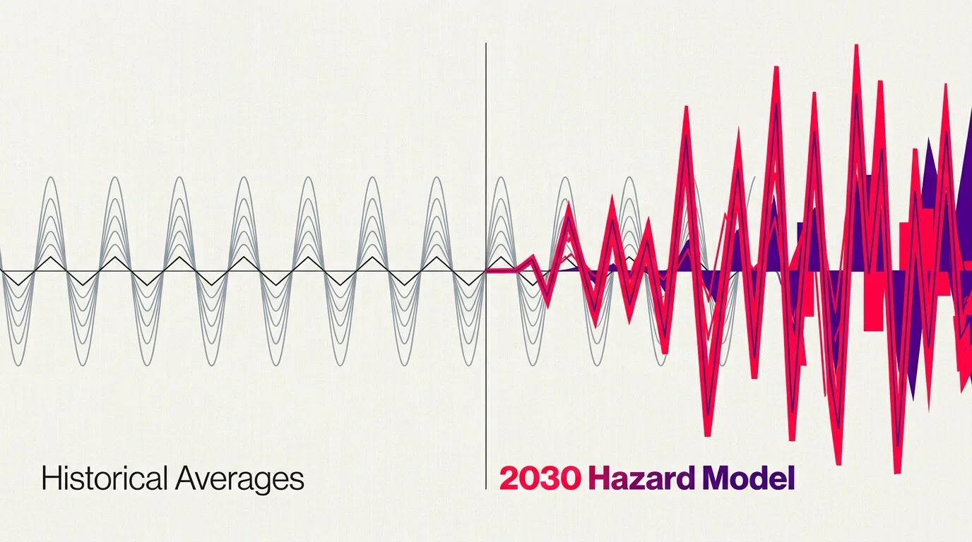 A minimalist graphic showing smooth gray waves on the left transitioning into jagged red peaks on the right, labeled with 2030 models.