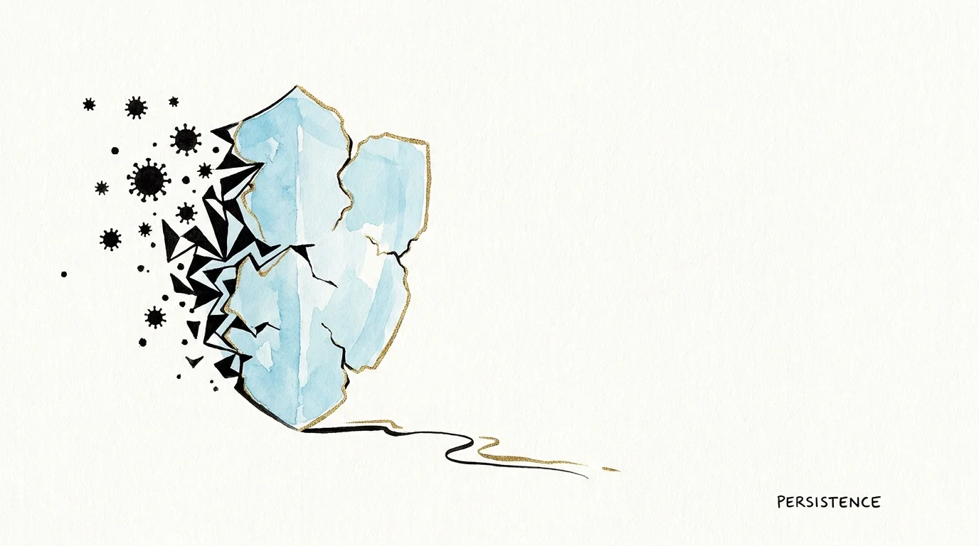 A minimalist illustration of a blue watercolor shield being chipped away by sharp black ink shapes.
