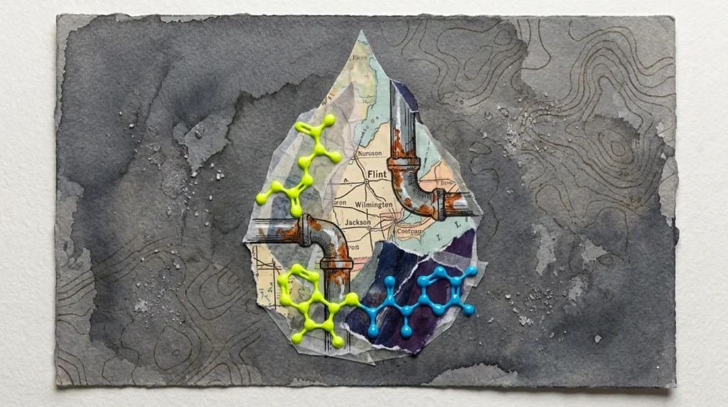 A mixed-media collage of a water droplet containing maps of Flint and Wilmington, rusted pipes, and chemical structures.
