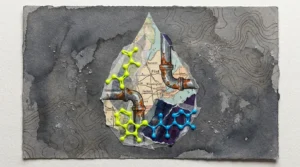 A mixed-media collage of a water droplet containing maps of Flint and Wilmington, rusted pipes, and chemical structures.
