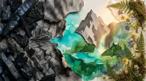 A mixed-media collage showing a dark, cracked landscape on the left transitioning into a vibrant, beautiful lake and mountain on the right.