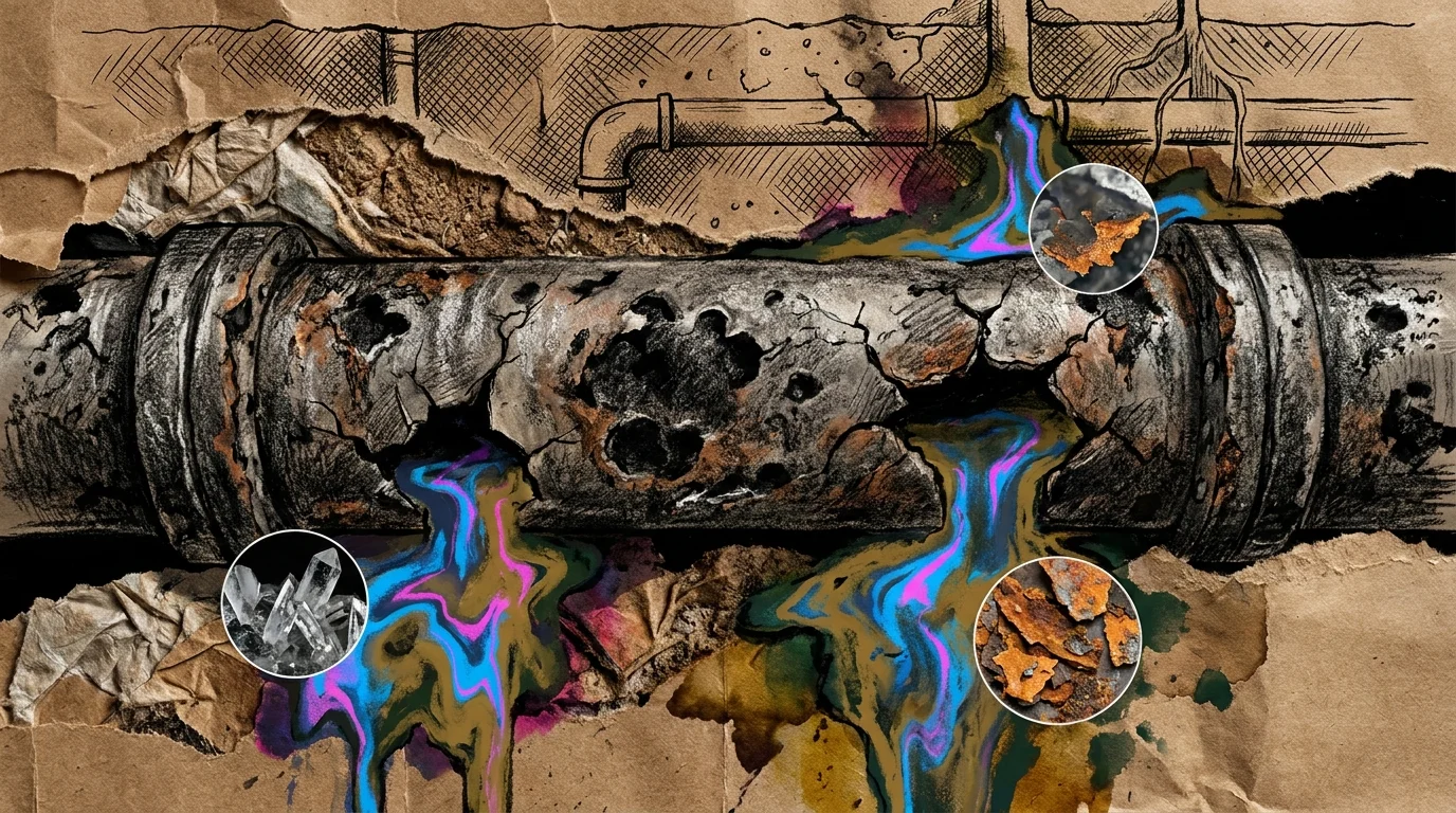 A mixed-media cross-section showing a leaking, rusted pipe seeping colorful chemicals into the earth and groundwater.