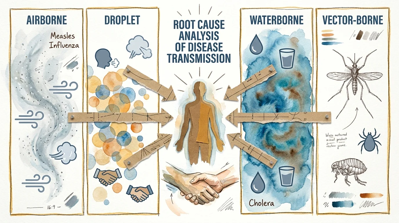 A mixed media illustration showing different pathways of disease transmission like airborne, waterborne, and vector-borne.