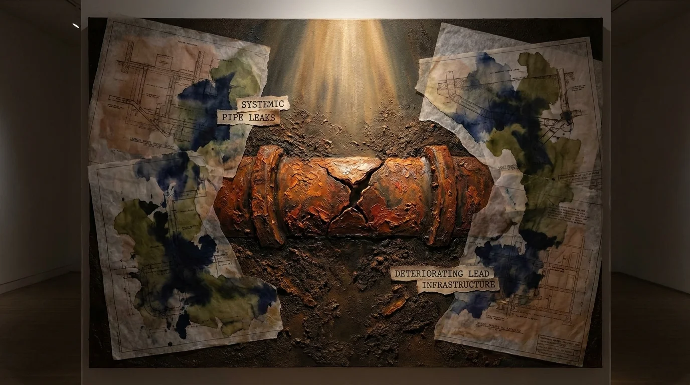 A mixed-media piece showing a cracked, rusted underground pipe layered with blueprints and dark ink washes.