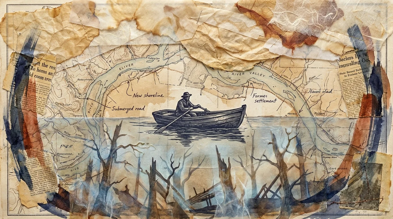 A mixed media piece showing a lone boatman on a lake with submerged trees, layered over vintage maps and aged paper.