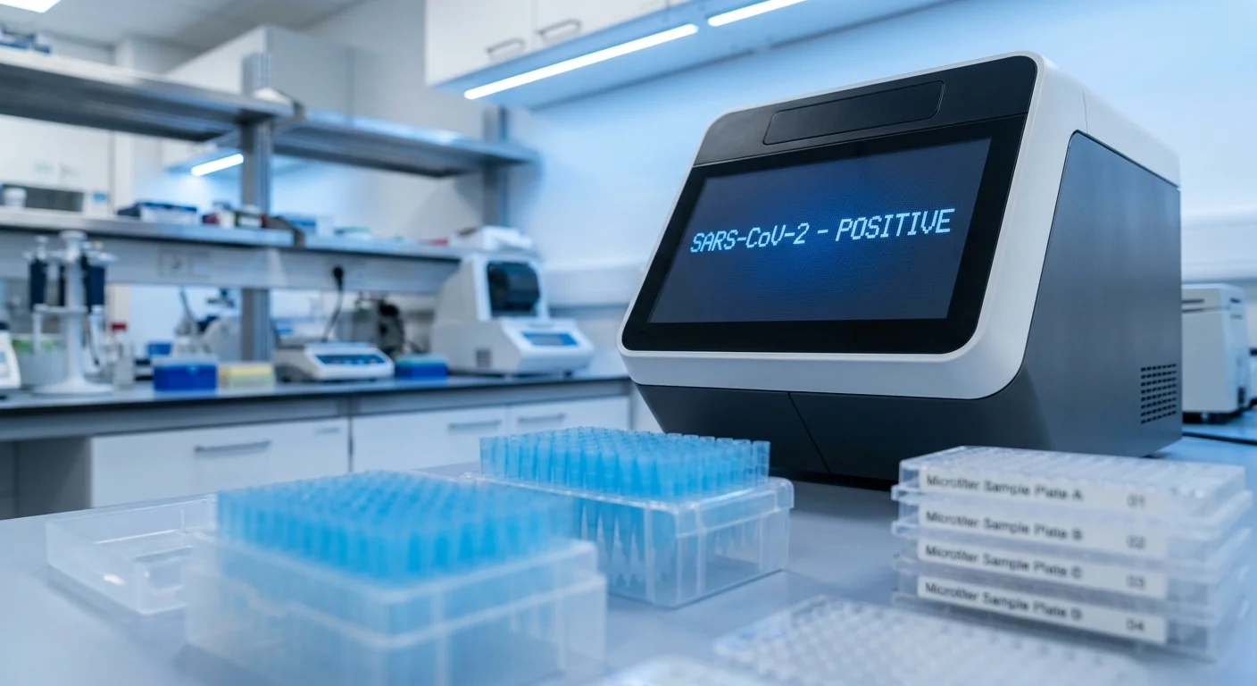 A modern laboratory machine with a digital screen showing a positive test result for SARS-CoV-2.