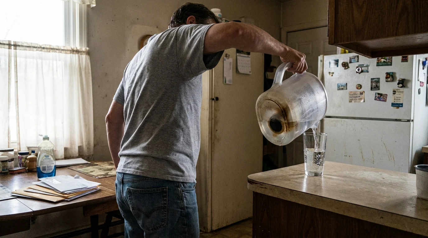 A person in a kitchen pouring water from a filtered pitcher into a glass, captured in a candid, documentary style.