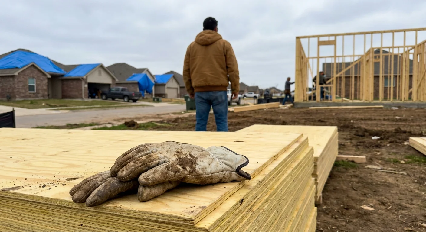 A person in work clothes looks out over a neighborhood under repair, with blue tarps and new lumber in view.
