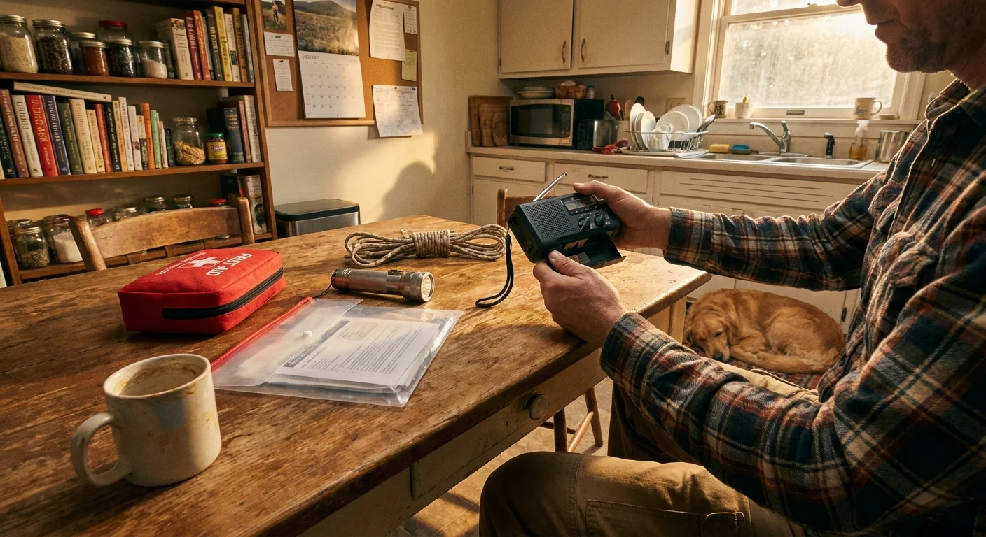 A person sits at a kitchen table in natural light, carefully organizing an emergency kit with a radio and documents.