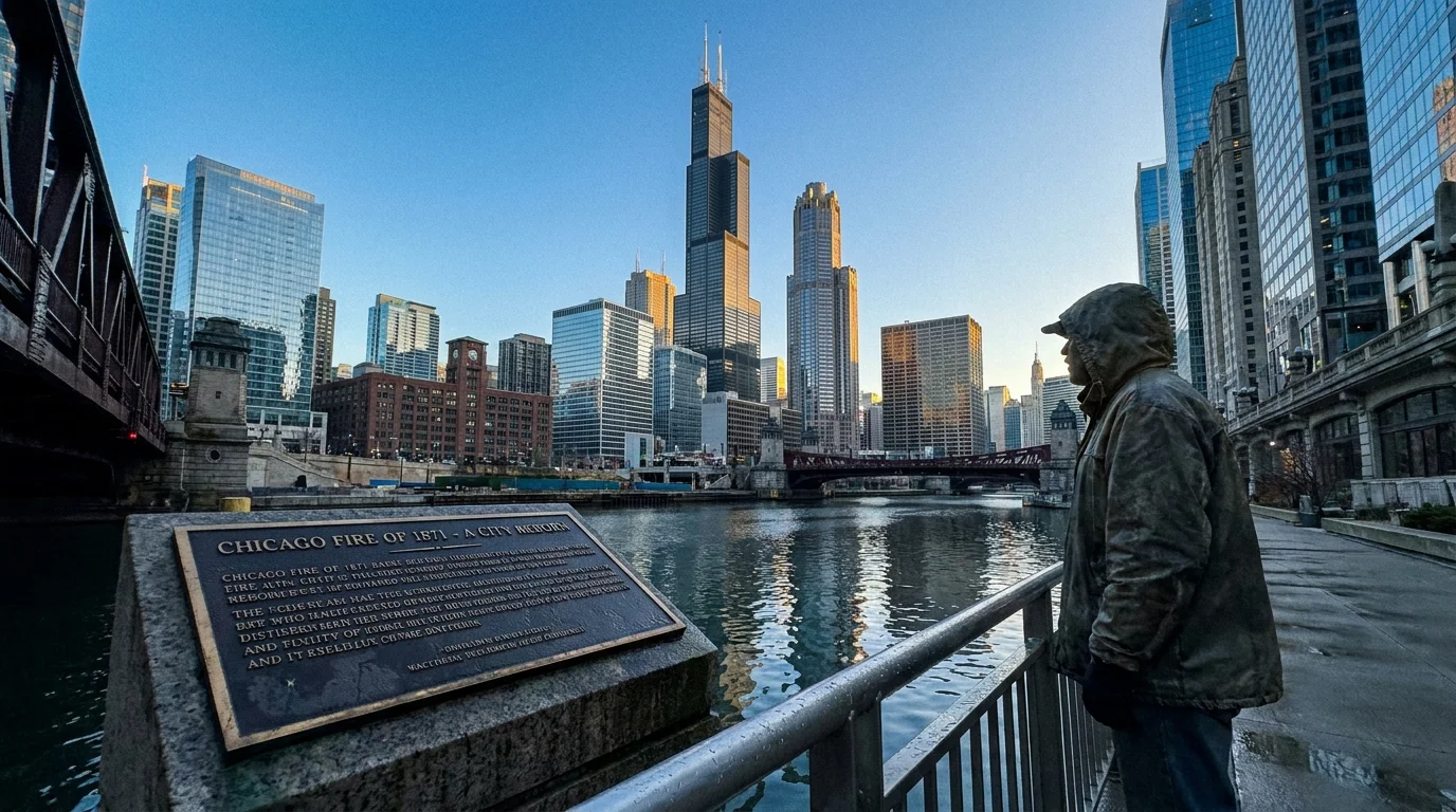 A person standing by the Chicago River at dawn with modern skyscrapers and a historical plaque visible.