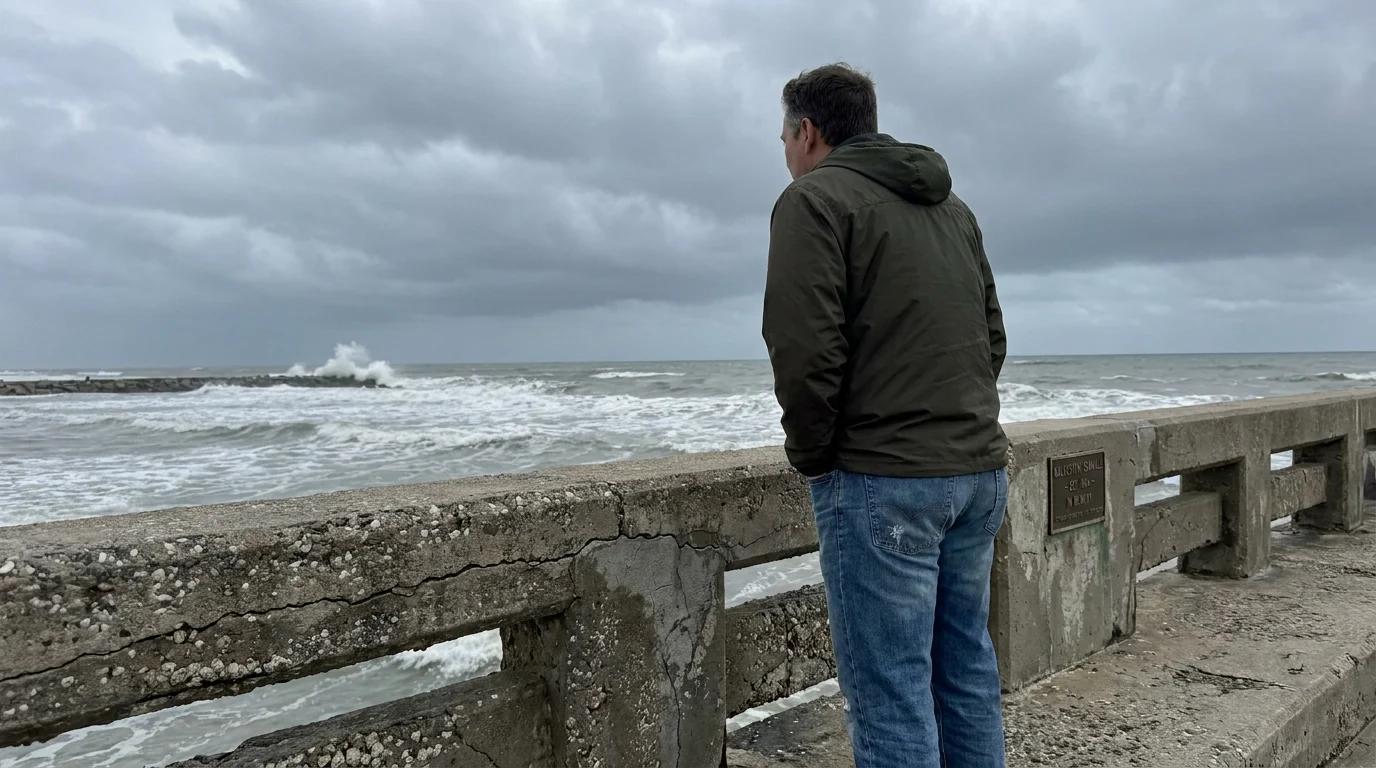 A person standing on the historic Galveston Seawall, looking out at a stormy sea under a gray sky.