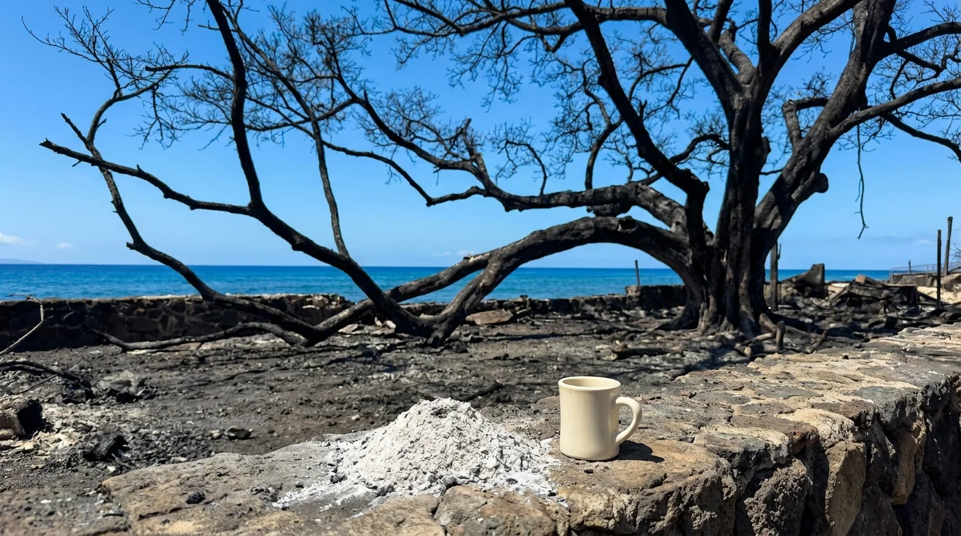 A photo of the charred remains of Lahaina with the blackened Banyan tree in the center and the blue ocean in the background.