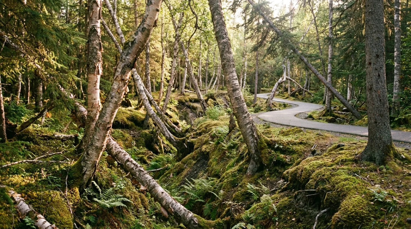 A photograph of tilted trees and uneven ground at Earthquake Park in Anchorage, showing the lasting effects of ground liquefaction.