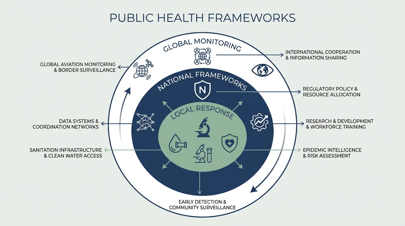 A professional infographic showing concentric rings of public health protection, from local response to global monitoring.