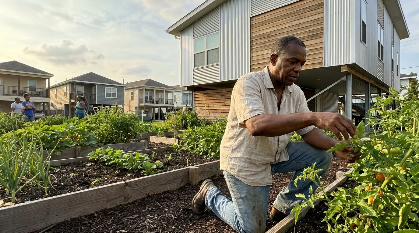 A resident gardening in front of a modern elevated house in New Orleans during golden hour.
