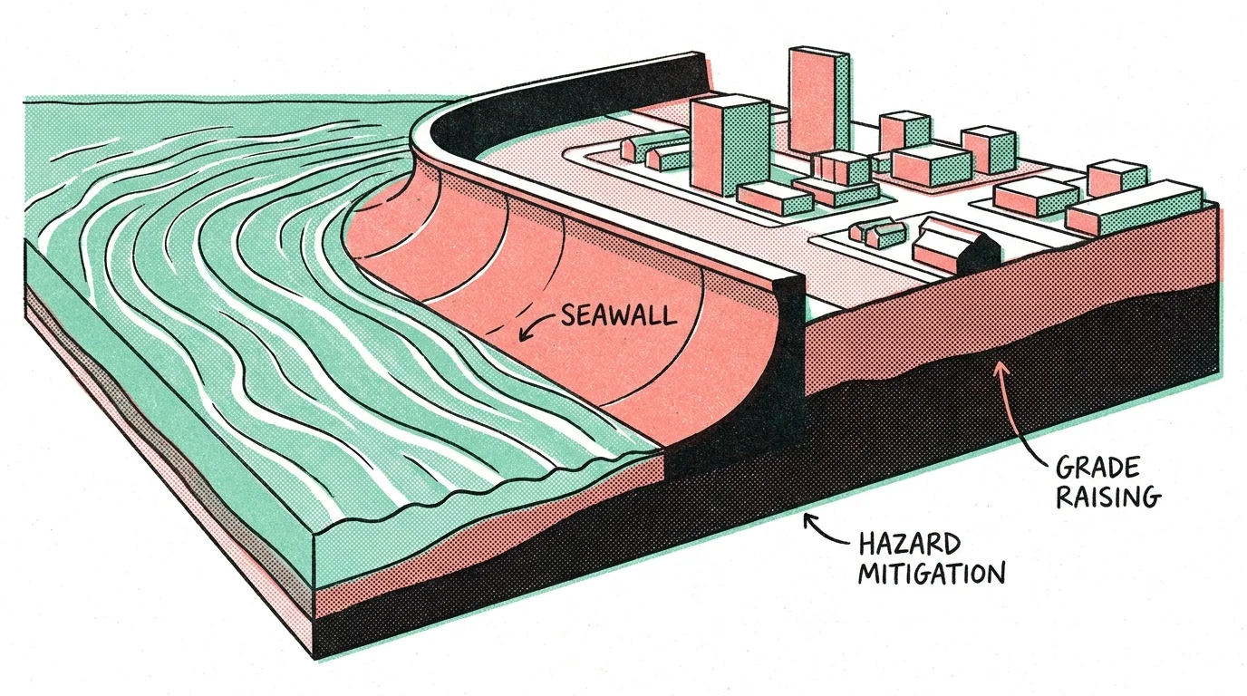A risograph illustration of the Galveston Seawall cross-section showing how the city was raised for protection.