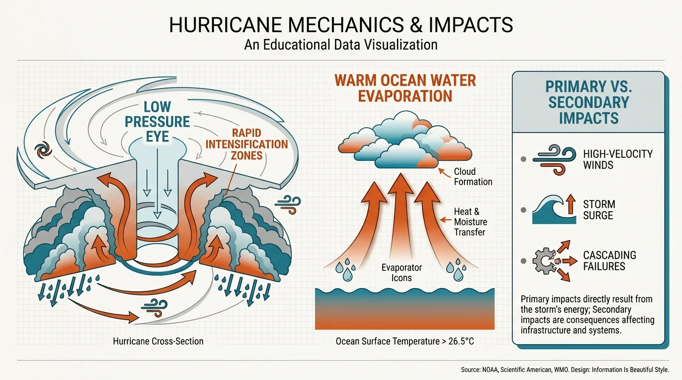 A scientific infographic showing how hurricanes form, featuring labels for low pressure and warm water.