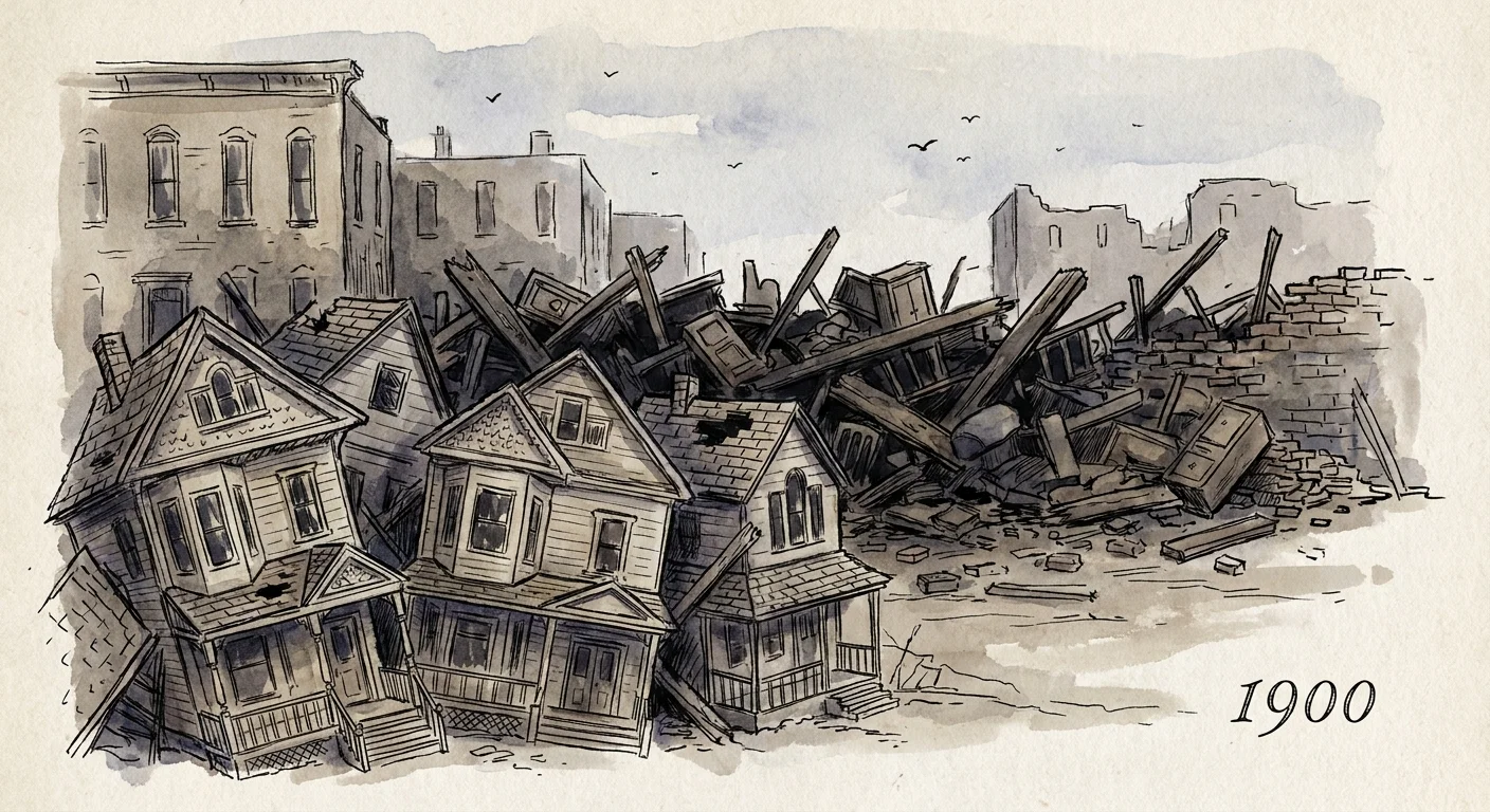 A sepia-toned watercolor illustration of shattered Victorian houses in Galveston after the 1900 hurricane.