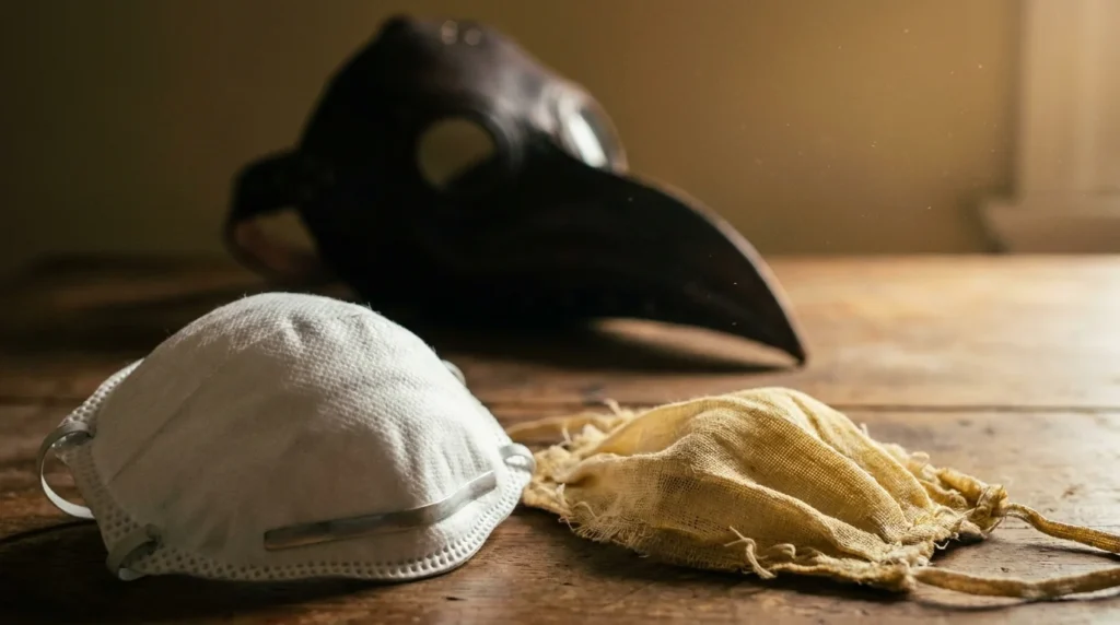 A still life of three masks from different eras: a medieval plague mask, a 1918 gauze mask, and a modern N95 respirator on a wooden table.